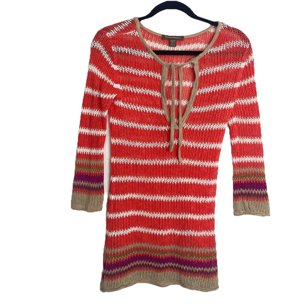 Tommy Bahama Swimsuit Coverup Linen Cotton Striped Tunic Sweater Coral Womens XS